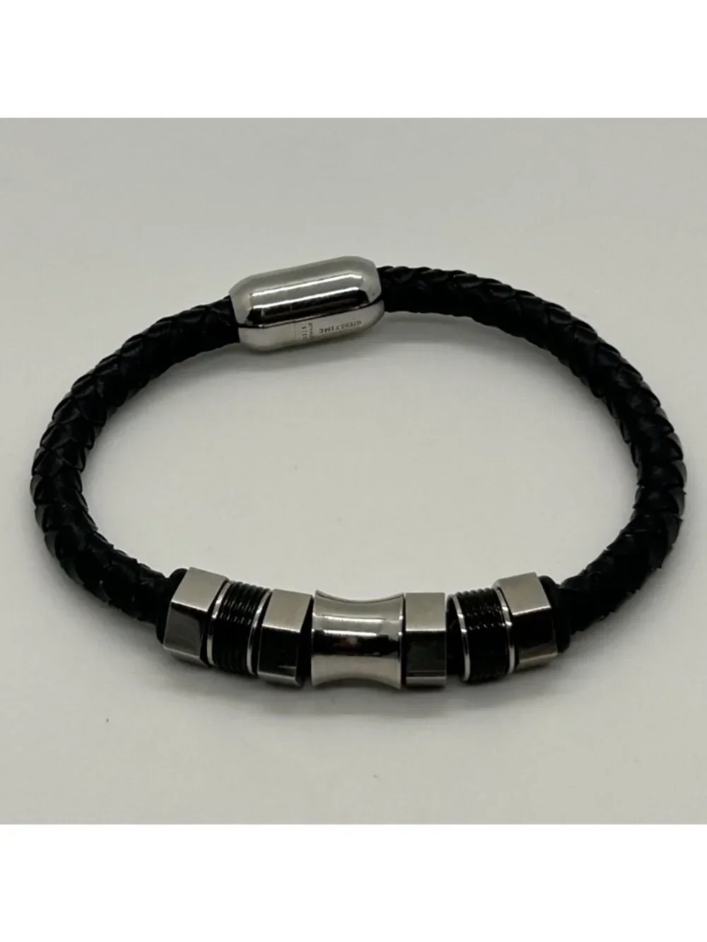 Men's Black Braided Leather Bracelet With Stainless Steel Magnetic Clasp Size 7